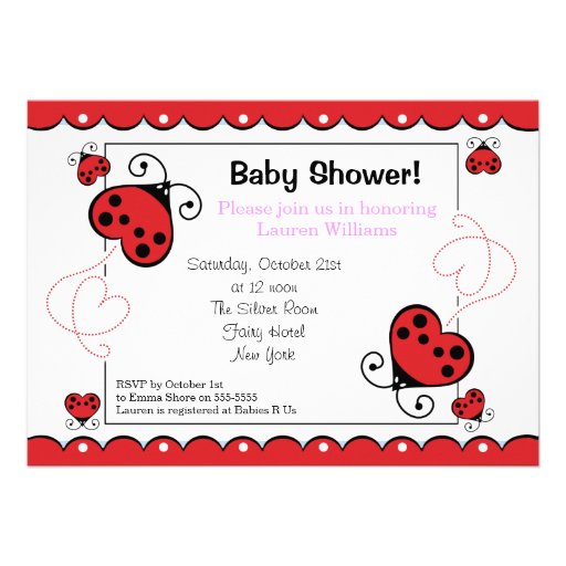 Love Heart Ladybug Baby Shower Invitations Girl (front side)