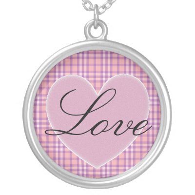Cute glitter pink heart necklace with Love written in black script letters and pink and purple plaid background. Easy to customize and personalize.
