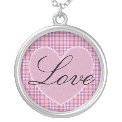 Pink Love Heart Necklace. Love Heart Pink Plaid Pattern