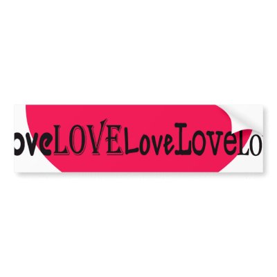 Love Heart Text Bumper Sticker by sjstevenson. The word "love" in black lettering and different style fonts overlapping a red and white background.