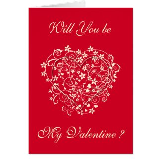 Love heart with cream florals on red greeting cards
