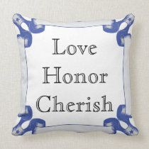 Love, Honor, Cherish With Blue Ribbon Border Throw Pillow
