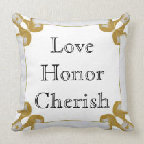 Love, Honor, Cherish With Golden Ribbon Border Pillows