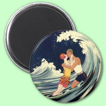 Love in the Surf Magnet - A vintage love and romance image with a young couple sharing an embrace under a wave at the beach.
