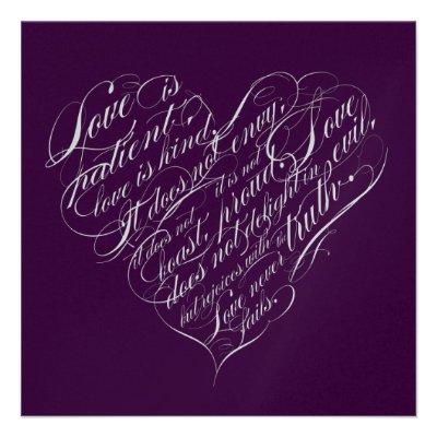 Love is patient.. eggplant &amp; silver script heart custom invitations