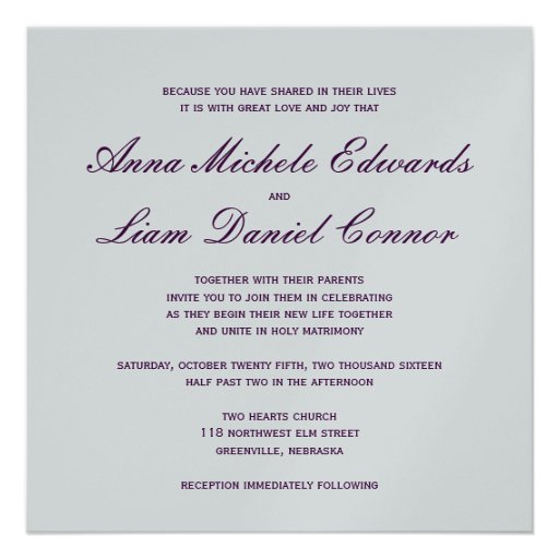 Love is patient.. eggplant & silver script heart custom invitations