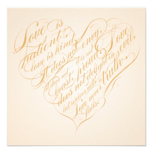 Love is patient.. light gold calligraphy heart custom invite