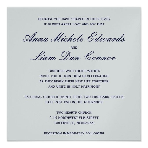 Love is patient.. navy & silver calligraphic heart personalized invites