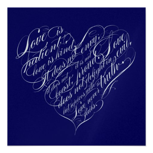 Love is patient.. navy & silver calligraphic heart personalized invites