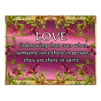 Love is.....poem on purple back with flower frame post card