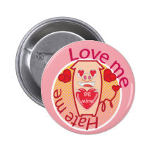 Love me Hate me pink pig button