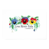 Love Never Fails (blue, red, and yellow pansies) posters