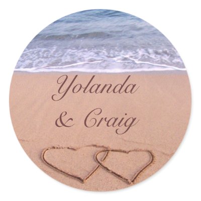 Love on the beach wedding stickers by aslentz. Two hearts drawn in the sand 