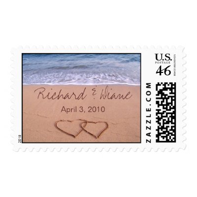 Love on the beach - with hearts postage stamps