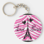 LOVE PARIS PINK ZEBRA EIFFEL TOWER HEART PRINT KEYCHAIN