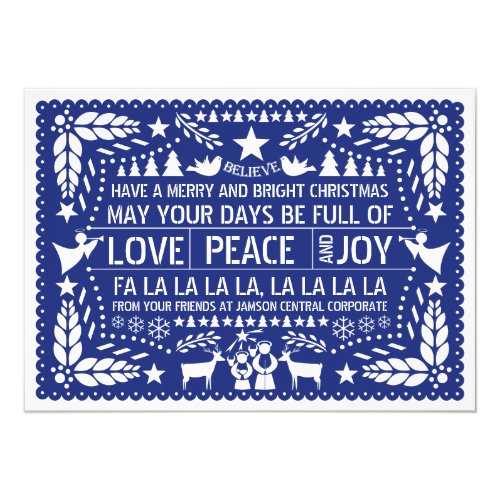 Love Peace, Joy papel picado blue Christmas 5x7 Paper Invitation Card