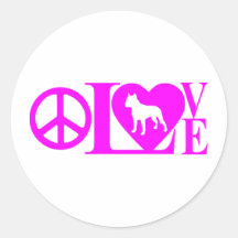 LOVE,PEACE,PIT BULL ROUND STICKER
