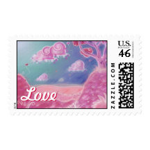 "Love" Pink cartoon landscape Postage