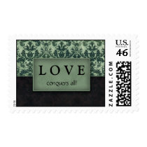 LOVE Postage Stamp Green Damask