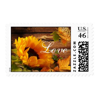 Love Postage Stamps, Rustic Country Fall Sunflower