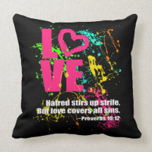 Love Proverbs Bible Verse Neon Paint Splatter Throw Pillow