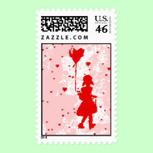 Love rain down on me. Girl with heart balloon Stamp.