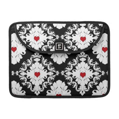love red hearts black white girly damask pattern macbook pro sleeves Rickshaw_flapsleeve