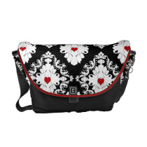 love red hearts black white girly damask pattern messenger bags