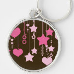 Love Romance Hanging Hearts Stars Brown, Pink Key Chain