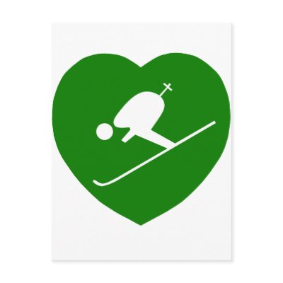 Love Skiing Green Heart Postcard