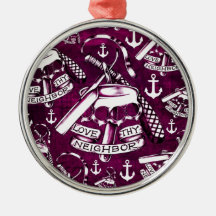 Love thy neighbor pink brass knuckles pattern christmas tree ornaments