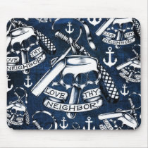 Love thy Neighbors retro Tattoo pattern in navy. mousepads