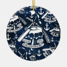 Love thy Neighbors retro Tattoo pattern in navy. Ornaments
