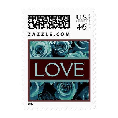 LOVE TURQUOISE and CHOCOLATE Rose Wedding Bouquet Postage Stamps by 