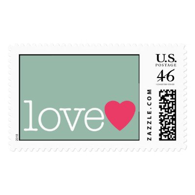 Love with a bright pink heart postage stamp by JustWeddings