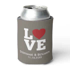 Love with a bright red heart Personalized Wedding Can Cooler