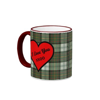 Green tartan plaid with big red heart -- "I love you" with hugs and kisses 