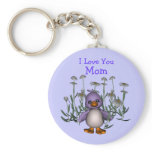 Love You Mom Whimsical Bird Flowers Keychain