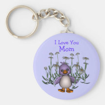 Love You Mom Whimsical Bird Flowers Keychain
