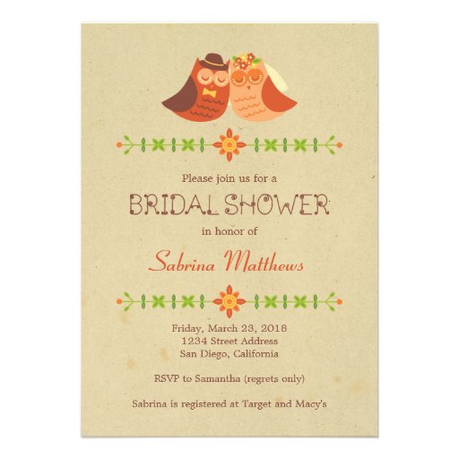 Lovebird Owls Bridal Shower Personalized Invites