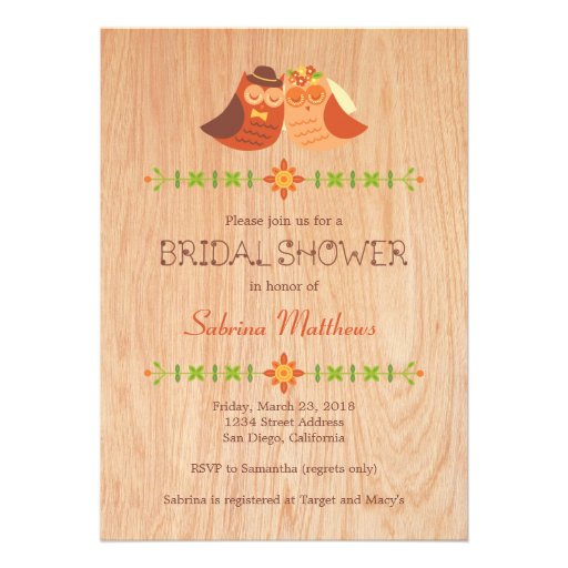 Lovebird Owls on Wood Bridal Shower Personalized Invite