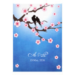 Lovebirds and Sakura - Blue Background Personalized Invitations