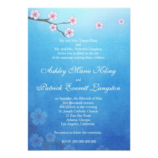 Lovebirds and Sakura - Blue Background Personalized Invitations