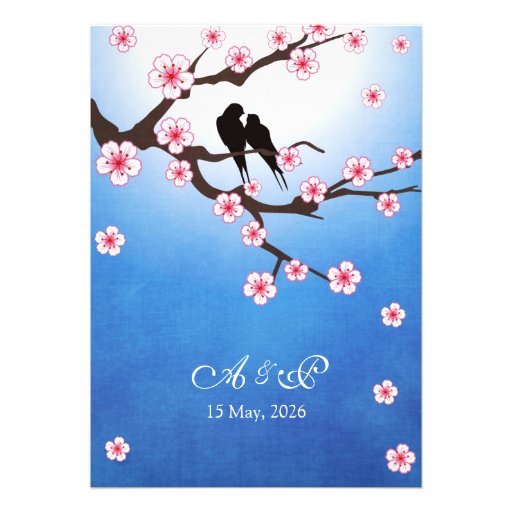 Lovebirds and Sakura - Blue Background Personalized Invitations
