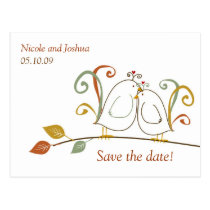 Lovebirds on Branches Save the Dates postcards