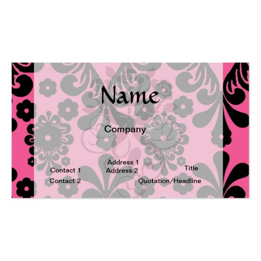 lovely black damask on bright pink chic business card template (front side)