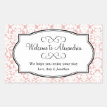 Lovely pink damask pattern out of town gift bag rectangle sticker
