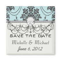 Lovely rose black and baby blue damask refrigerator magnet