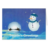 Lovely snowman, white snowy world blue Christmas Greeting Card