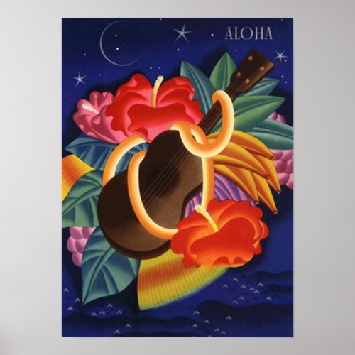 LOVELY VINTAGE HAWAII ~ UKULELE & HIBISCUS POSTER print